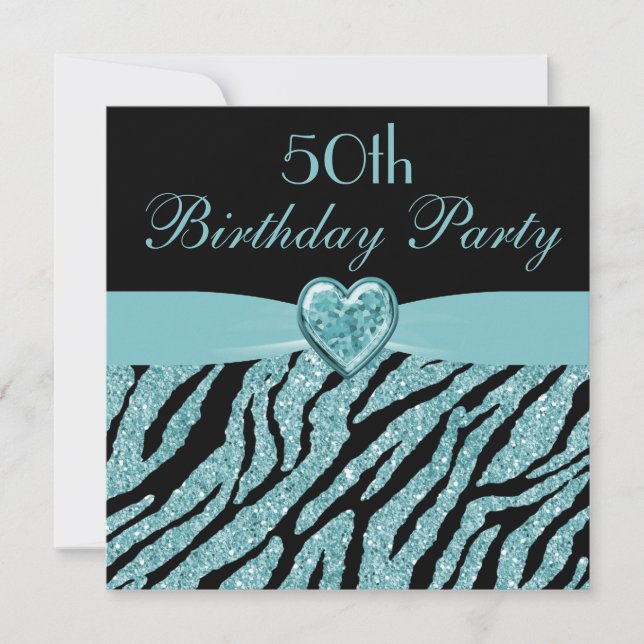 Teal Printed Heart & Zebra Glitter 50th Birthday Invitation (Front)