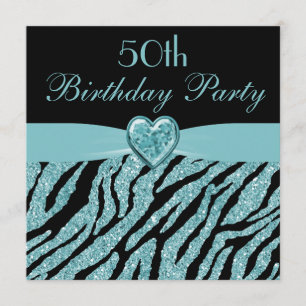 Teal Printed Heart & Zebra Glitter 50th Birthday Invitation
