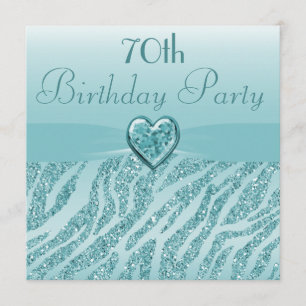 Teal Printed Heart & Zebra Glitter 70th Birthday Invitation