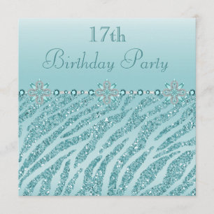 Teal Printed Jewels & Zebra Glitter 17th Birthday Invitation