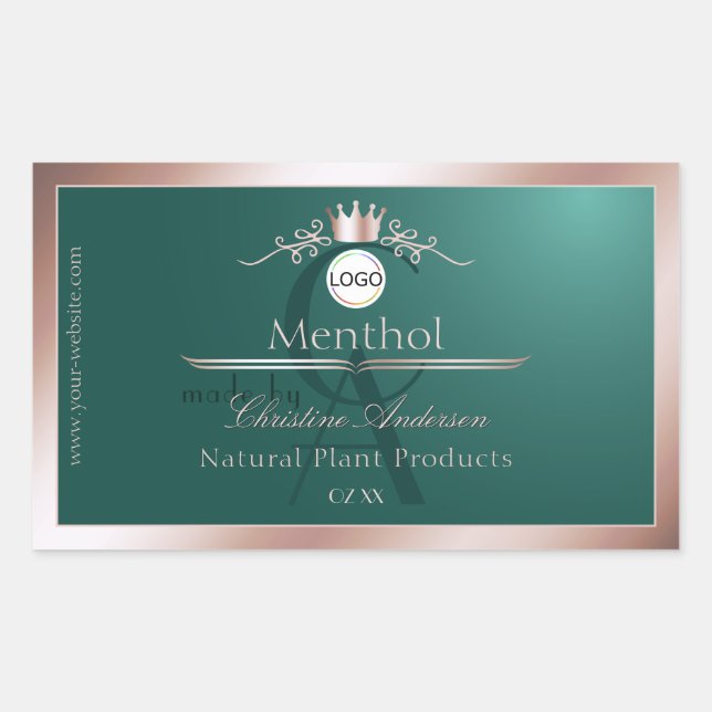 Teal Product Label Rose Gold Frame Logo Monogram (Front)