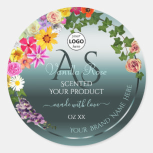Teal Product Labels Colourful Flowers Initials Log