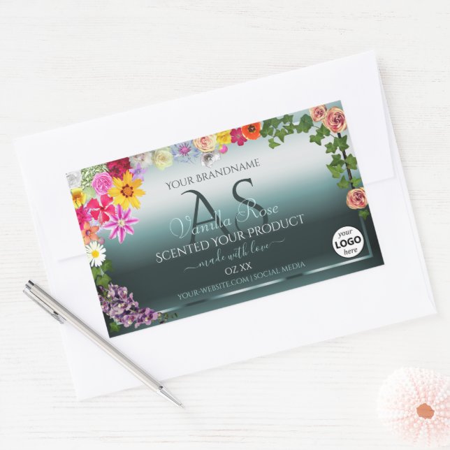 Teal Product Labels Colourful Flowers Initials Log (Envelope)