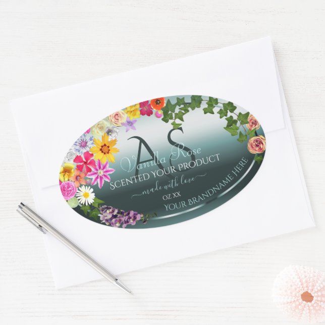 Teal Product Labels Colourful Flowers with Initial (Envelope)