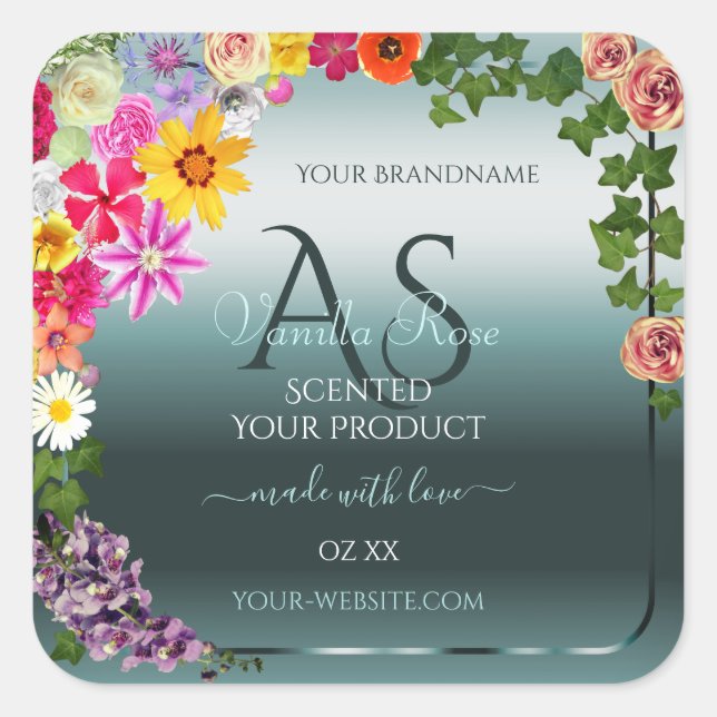 Teal Product Labels Colourful Flowers with Initial (Front)