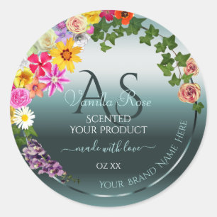 Teal Product Labels Colourful Flowers with Initial