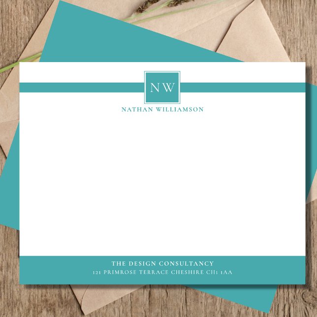 Teal Professional Monogram Business Flat Note Card (Creator Uploaded)