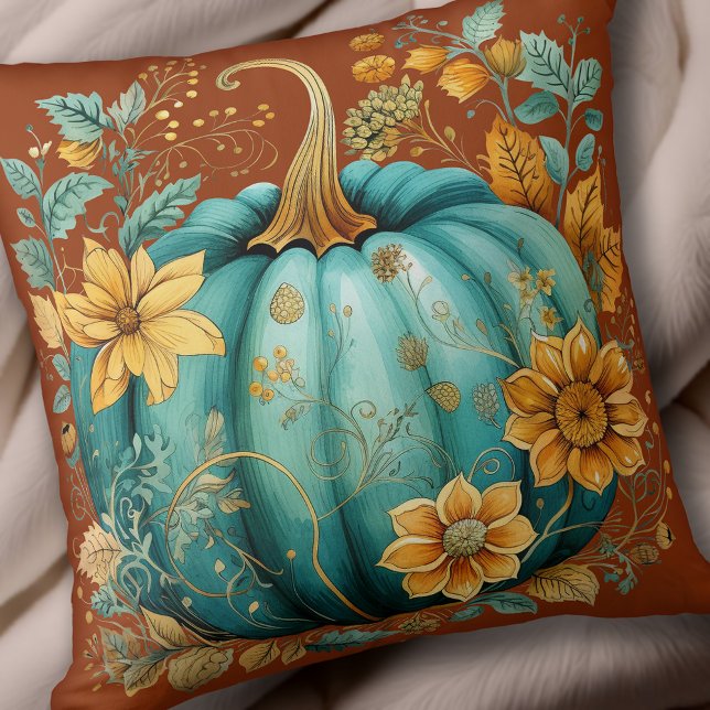 Teal Pumpkin Autumn Boho Fall Caramel Throw Pillow (Teal Pumpkin Autumn Boho Fall Caramel Throw Pillow)