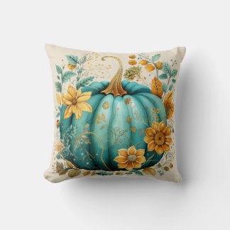 Teal Pumpkin Autumn Boho Fall Ecru Throw Pillow
