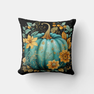 Teal Pumpkin Autumn Boho Fall Throw Pillow