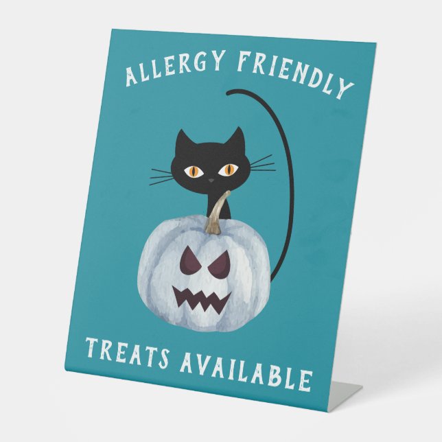 Teal Pumpkin Halloween Black Cat Allergy Friendly Pedestal Sign (Front)
