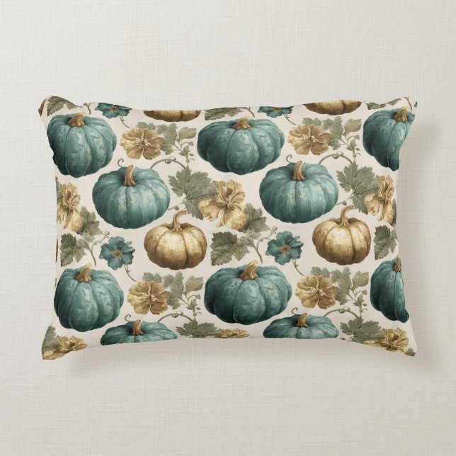 Teal Pumpkins and Golden Floral Pattern Accent Pillow (Front)