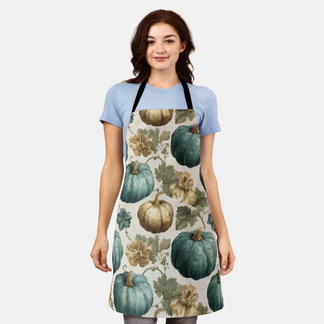 Teal Pumpkins and Golden Floral Pattern Apron (Worn)