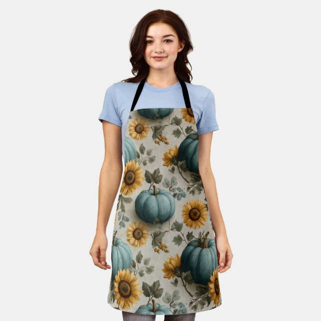 Teal Pumpkins and Golden Sunflowers Apron (Worn)
