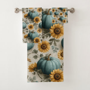 Teal Pumpkins and Golden Sunflowers Bath Towel Set