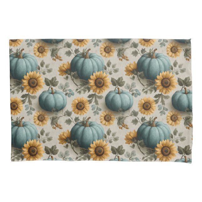 Teal Pumpkins and Golden Sunflowers Pillowcase (Front)