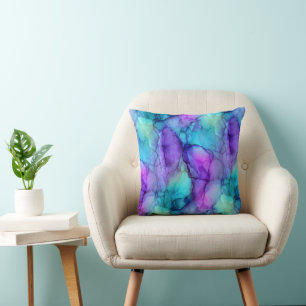 Teal Purple and Blue Watercolor Marble Throw Pillow