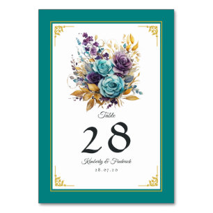 Teal, Purple, and Gold Floral Wedding Table Number