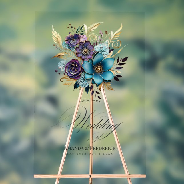 Teal, Purple, and Gold Floral Wedding Welcome Acrylic Sign (Neutral)