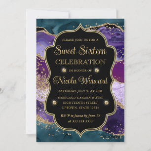 Teal, Purple and Gold Glitter Agate Frame Sweet 16 Invitation