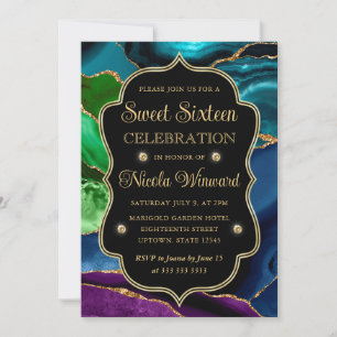 Teal, Purple and Gold Glitter Agate Frame Sweet 16 Invitation