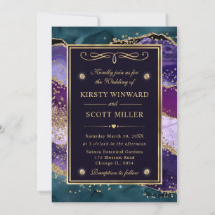 Teal, Purple and Gold Glitter Agate Wedding Invitation