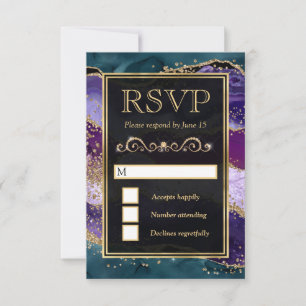Teal, Purple and Gold Glitter Agate Wedding RSVP Card