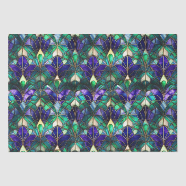 Teal, Purple and Gold Peacock Stained Glass Tissue Paper (Front)