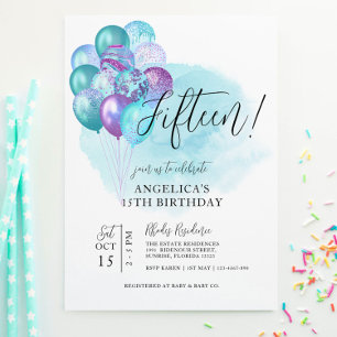 Teal Purple Balloons 15th Birthday Invitation