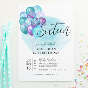 Teal Purple Balloons 16th Birthday Invitation