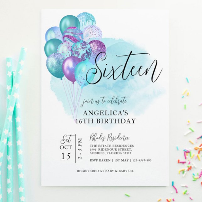 Teal Purple Balloons 16th Birthday Invitation (Creator Uploaded)