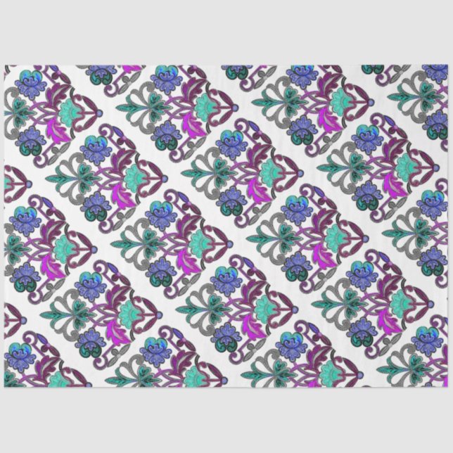 TEAL PURPLE BLUE GREEN EMBROIDERY FLOWERS TISSUE PAPER (Front)