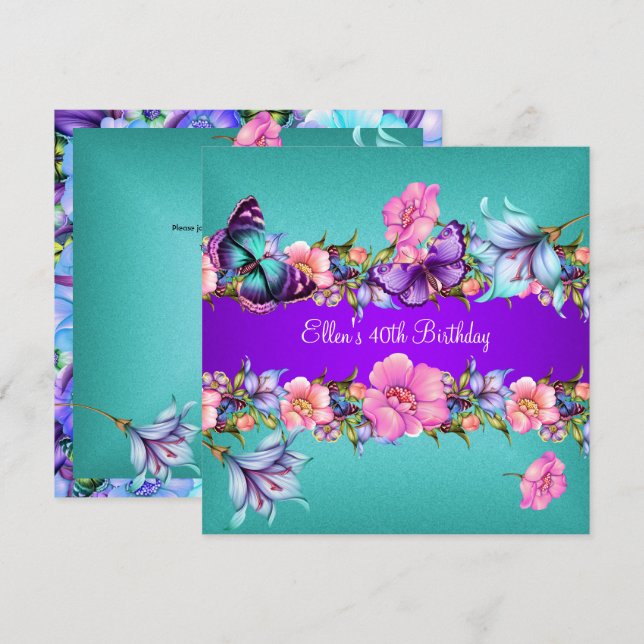 Teal Purple blue Pink Butterfly Birthday Party Invitation (Front/Back)