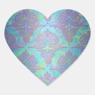 Teal Purple Blue Pink Floral Damask Heart Sticker