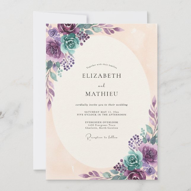 Teal Purple Botanical Romance Wedding Invitation (Front)