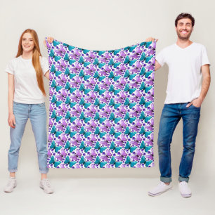 Teal purple butterfly floral pattern fleece blanket