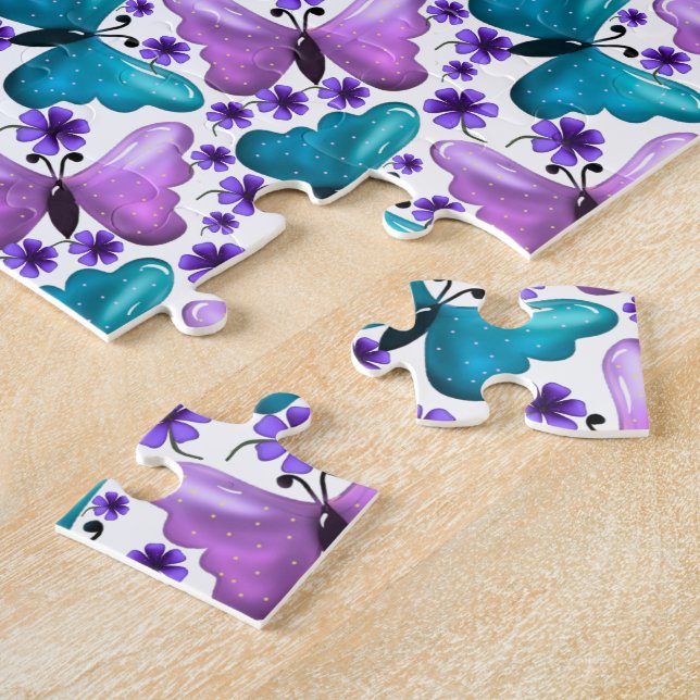 Teal purple butterfly floral pattern  jigsaw puzzle (Side)