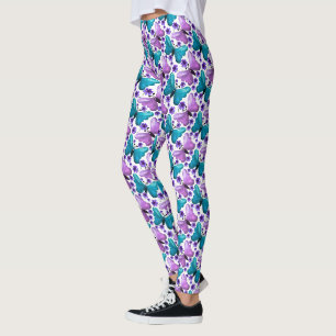 Teal purple butterfly floral pattern leggings