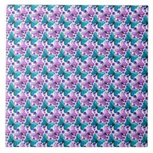 Teal purple butterfly floral pattern tile