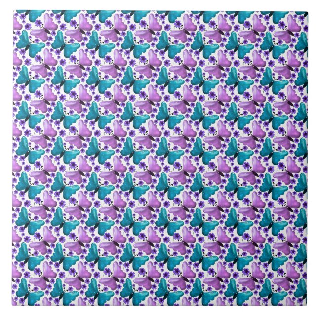 Teal purple butterfly floral pattern  tile (Front)