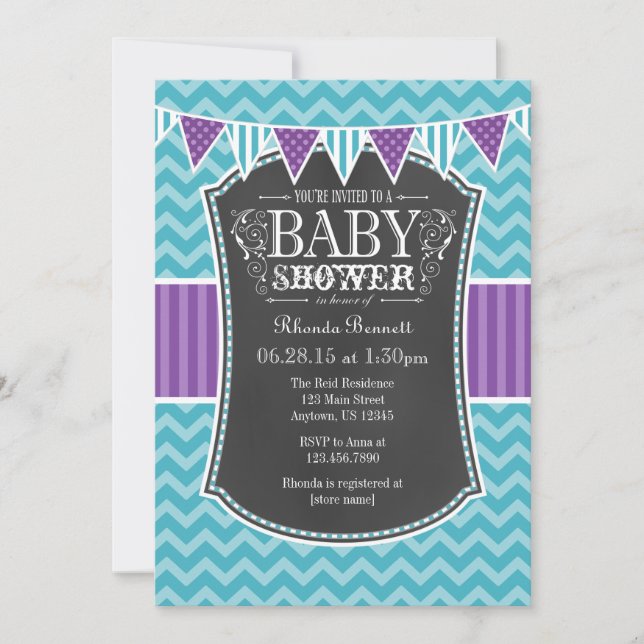 Teal Purple Chalkboard Chevron Baby Shower Invite (Front)