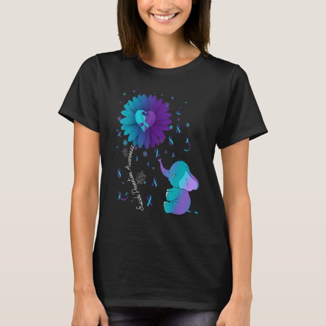 Teal & Purple Daisy Flower Elephant Suicide Preven T-Shirt (Front)