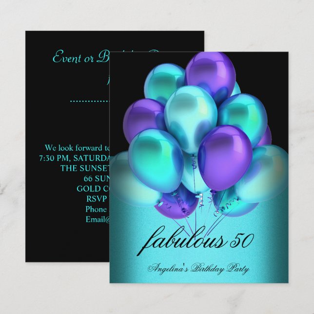 Teal Purple Fabulous Black Balloons Party Invitation (Front/Back)