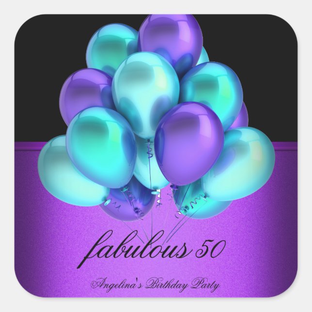 Teal Purple Fabulous Black Balloons Party Square Sticker (Front)