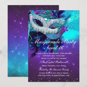 Teal Purple Feather Mask Masquerade Invitation