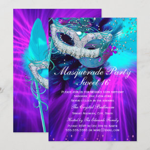 Teal Purple Feather Masked Masquerade Party Invitation