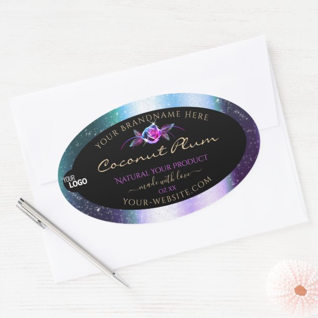 Teal Purple Glitter Black Product Labels with Logo (Envelope)