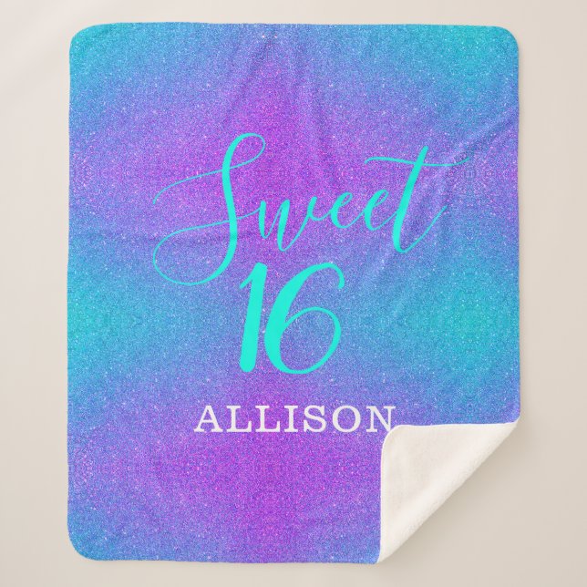 Teal Purple Glitter Sweet 16 Girls Personalized Sherpa Blanket (Front)