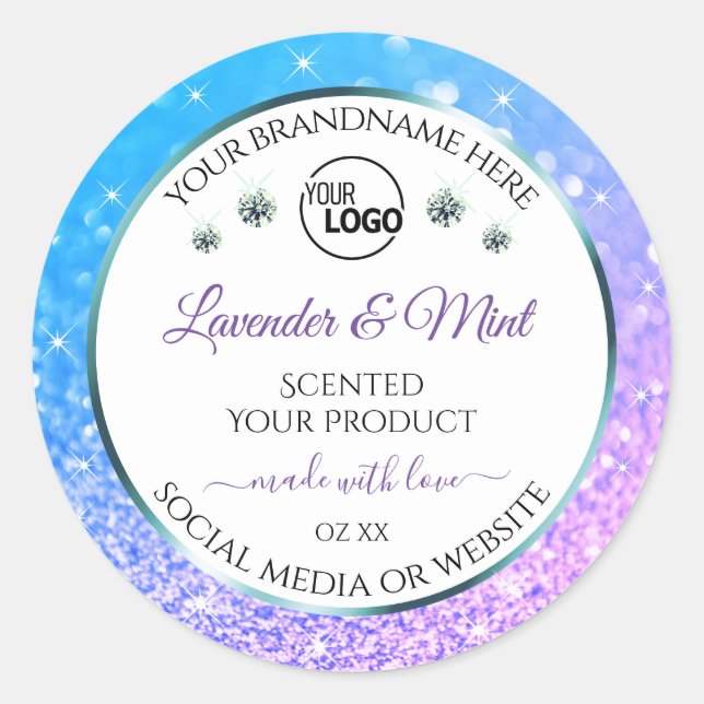 Teal Purple Glitter White Product Labels with Logo (Front)