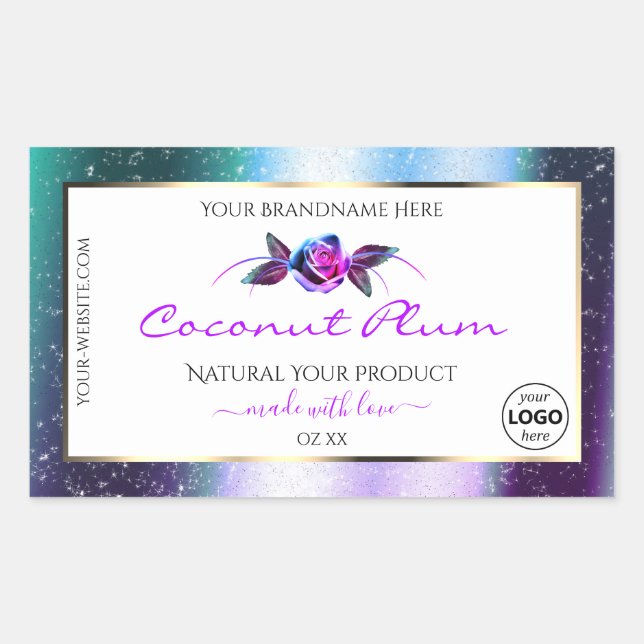 Teal Purple Glitter White Product Labels with Logo (Front)